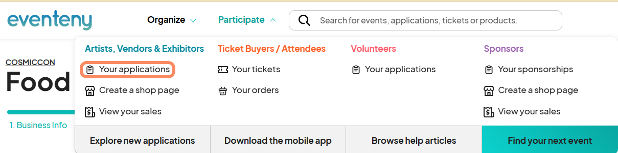 Navigation menu under Artists, Vendors, and Exhibitors showing the your applications section highlighted, with additional links for creating a shop page or viewing sales.