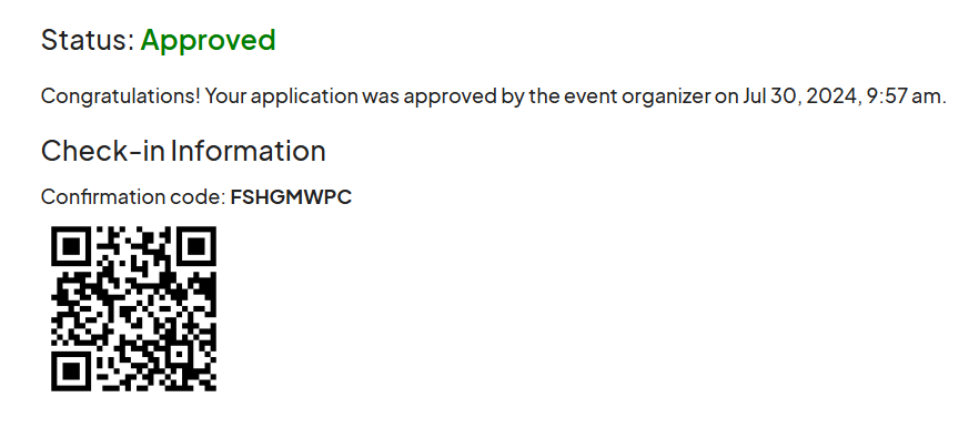 Approval notification showing the application status as approved in green, accompanied by check-in information with a confirmation code and a QR code for quick scanning.