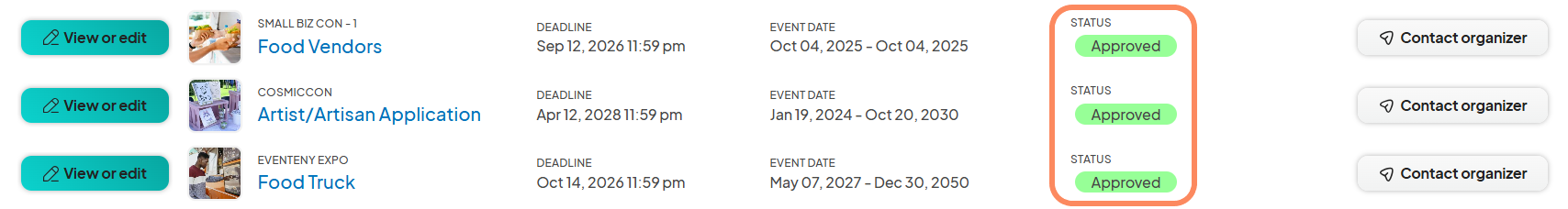 List of event applications with the view or edit buttons for each event on the left, event status highlighted as approved in green on the right.