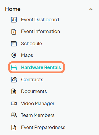Sidebar menu showing the Hardware Rentals option highlighted within the Home navigation panel