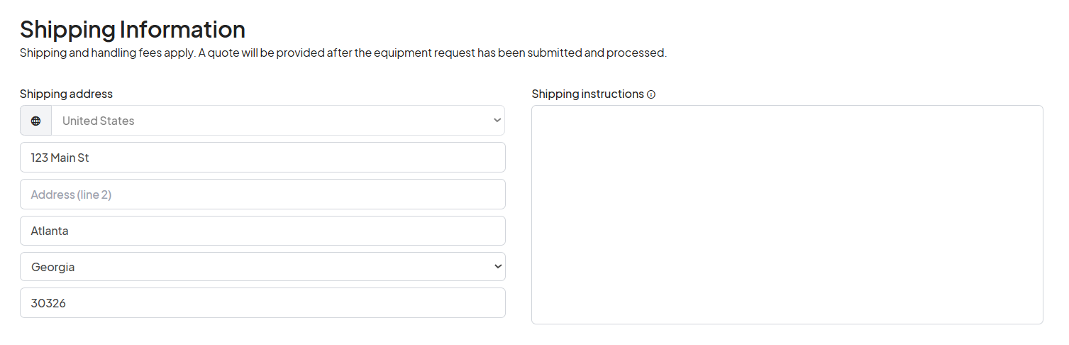 Shipping Information section with fields for entering a shipping address, shipping instructions, and additional details.