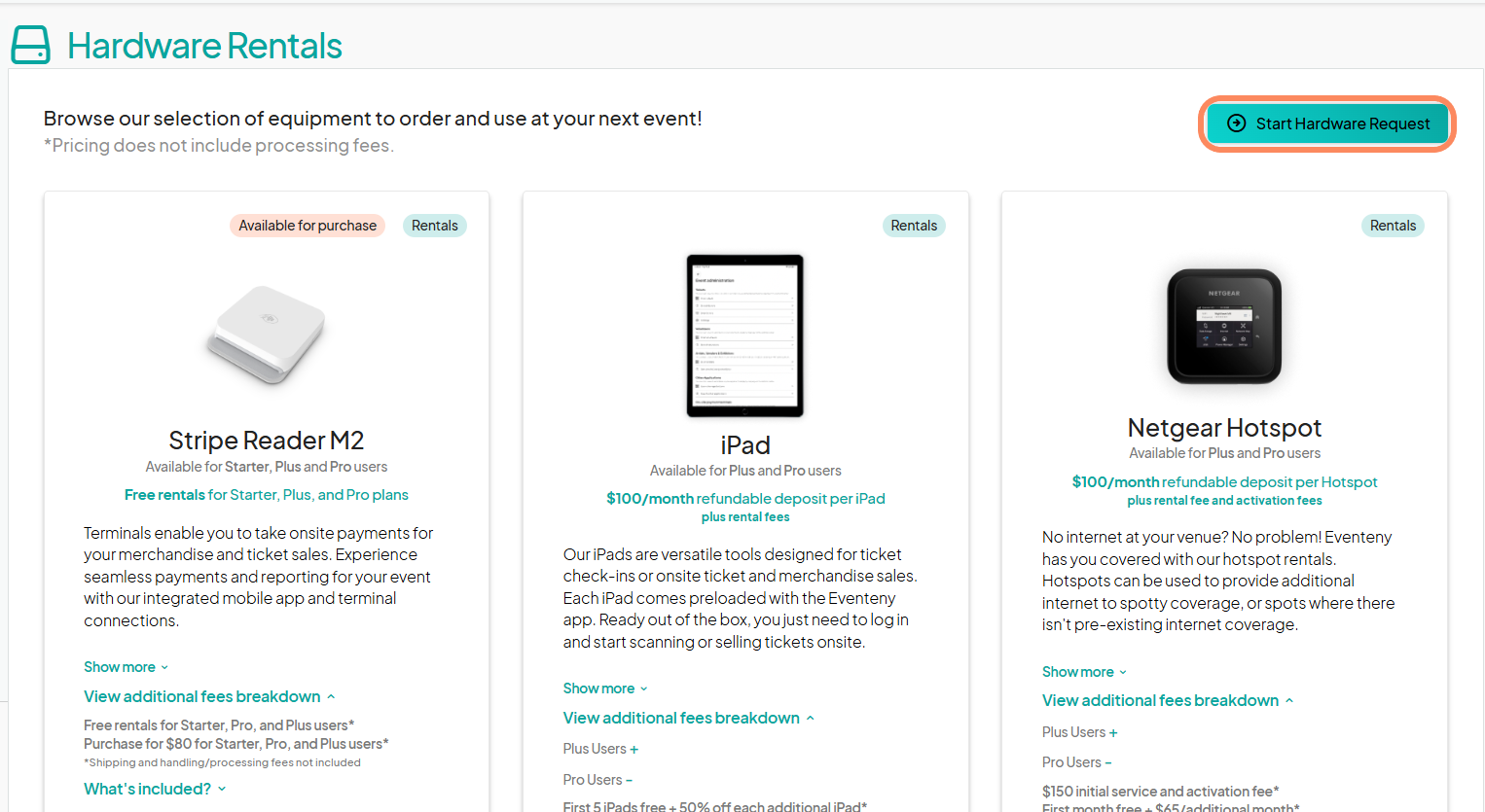 Hardware Rentals page showcasing equipment options such as Stripe Reader M2, iPad, and Netgear Hotspot with Start Hardware Request button highlighted.