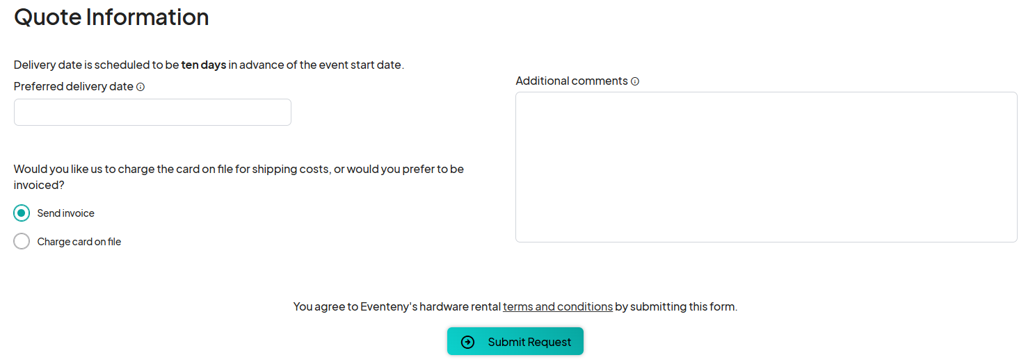 Quote Information section displaying fields for preferred delivery date, additional comments, and payment options with the Submit Request button highlighted.