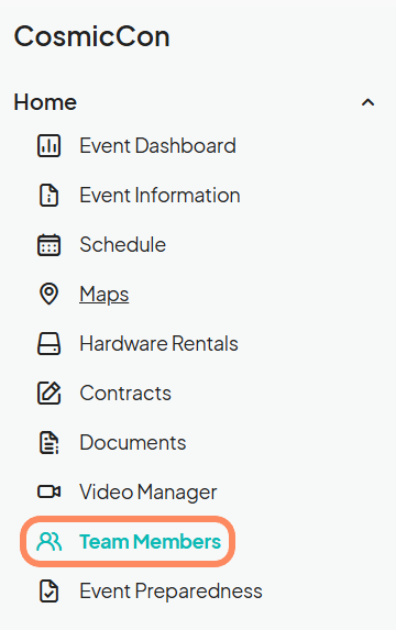 Left-hand navigation menu in the CosmicCon event management dashboard. The Team Members option is highlighted, indicating where users can manage team members for the event.