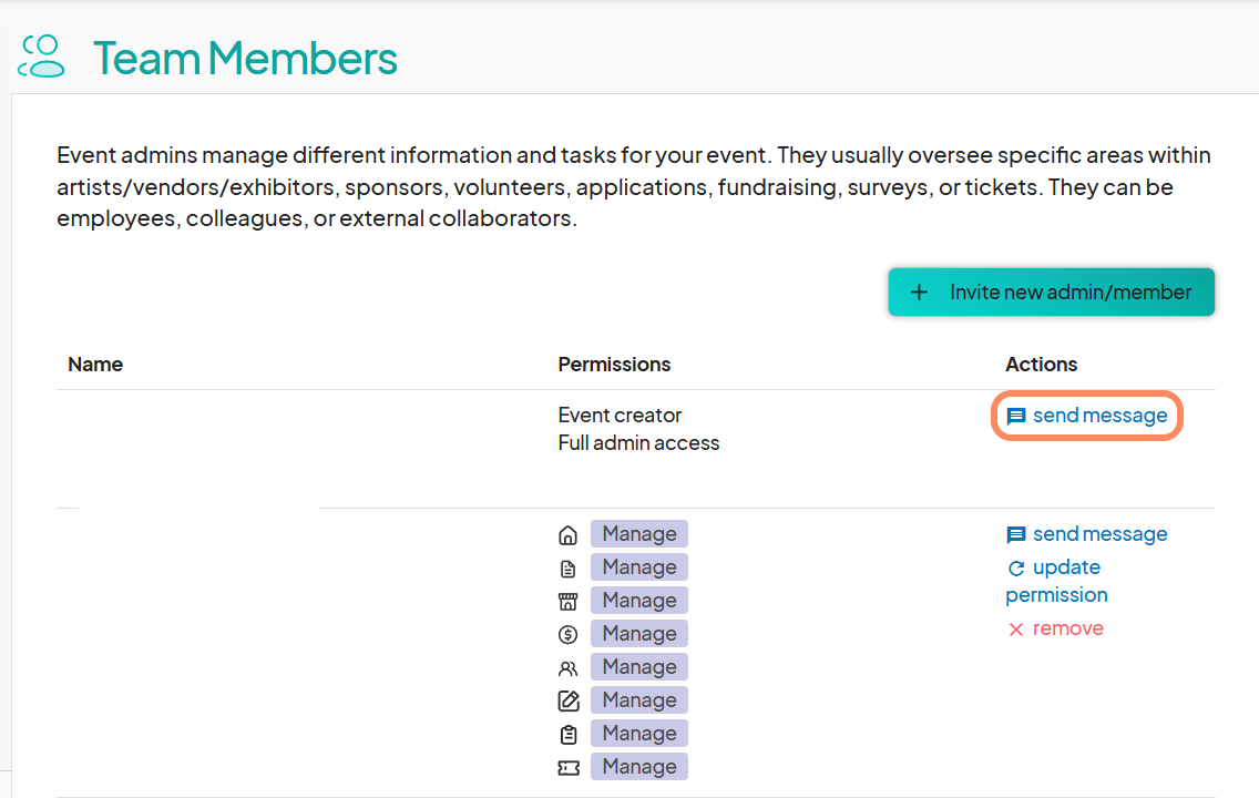 Team Members page displaying a list of event admins with their names, permissions, and available actions. The send message action is highlighted for one of the team members.