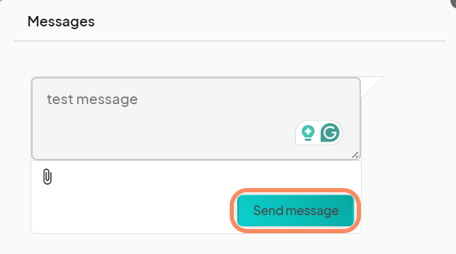 Message window where a user is composing a message with the text test message in the input field. The Send message button is highlighted at the bottom right of the message window.