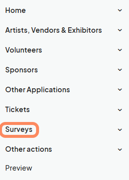 The left navigation menu highlighting the Surveys option under the Tickets section.