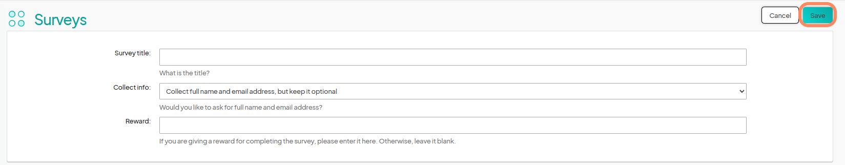 The survey creation form with fields for Survey Title, Collect Info, and Reward, with the Save button highlighted.