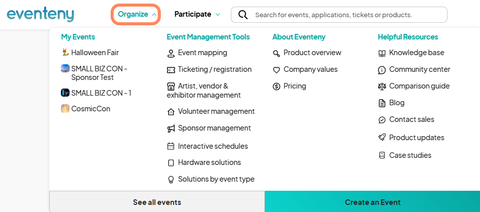 The Eventeny menu displaying the Organize dropdown menu highlighted, showing options like My Events, Event Management Tools, and Helpful Resources.