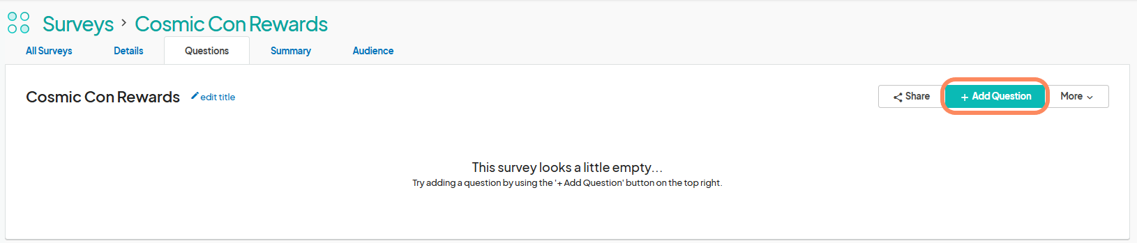 The survey creation form with fields for Survey Title, Collect Info, and Reward, with the Save button highlighted.