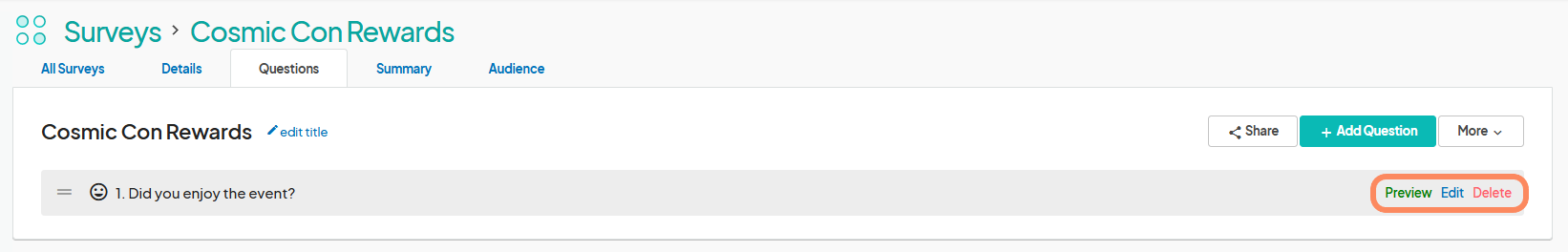 The Add A New Question dialog box with the Question field, Required toggle, and Question Type dropdown, highlighting options such as multiple choice, happiness scale, and paragraph.