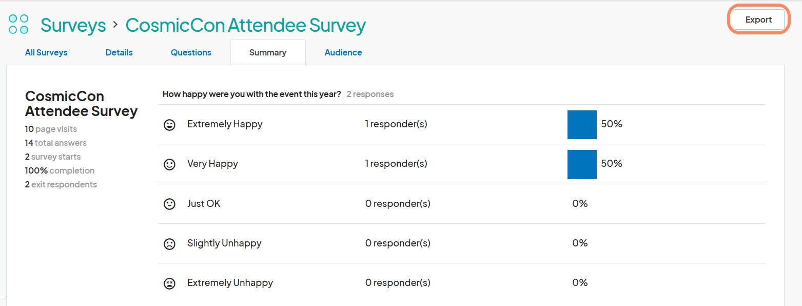 The main Surveys page displaying the list of surveys, with options to view, edit, share, and delete surveys, along with the Add Survey button highlighted in the upper right corner.