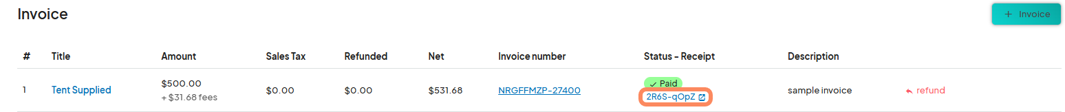 The same invoice table as Image 3, with a specific invoice number '2R6s-qOpZ' highlighted in orange.
