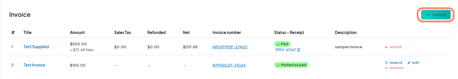 An invoice table with two entries titled 'Tent Supplied' ($500 with $31.68 fees) and 'Test Invoice' ($150), showing columns for title, amount, sales tax, refunded, net, invoice number, status/receipt, and description. The '+ Invoice' button is highlighted in orange.