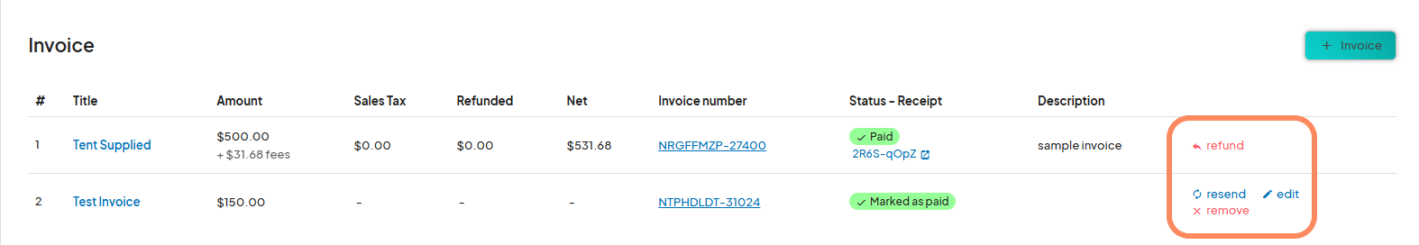 The same invoice table as Image 3, but with the 'refund,' 'resend,' 'edit,' and 'remove' options for each entry highlighted in orange.
