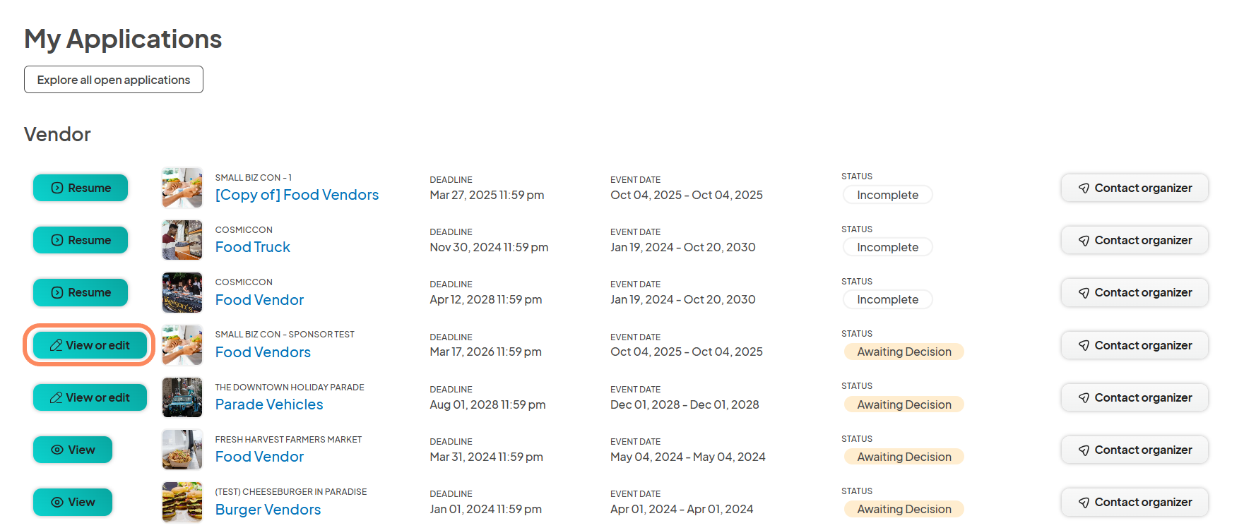 The 'View or Edit' button highlighted in orange for a specific vendor application on the 'My Applications' page.