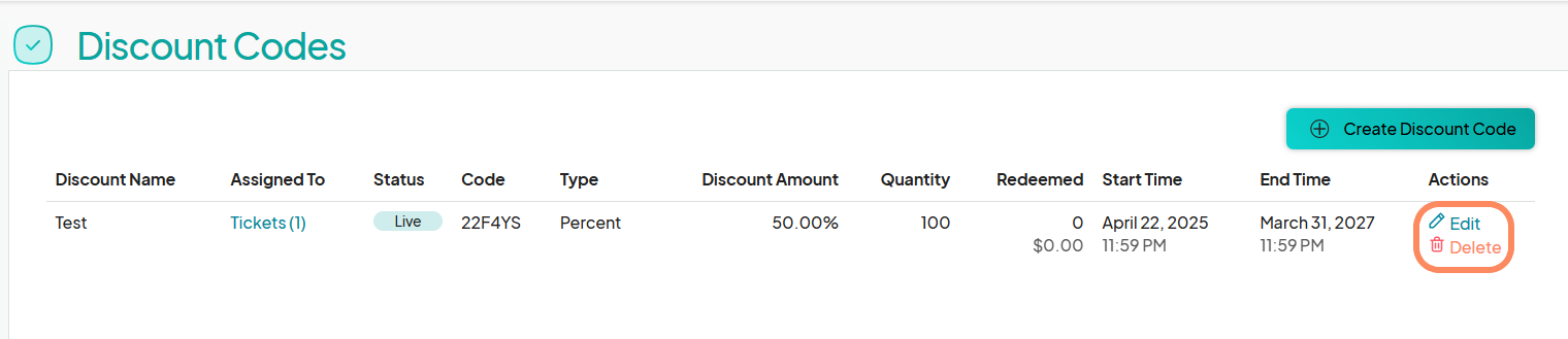 a dashboard showing the details of a discount code and an organe circle highlighting the 'edit' and 'delete' buttons.