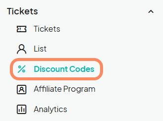 a screenshot showing a menu with an orange circle highlighting the 'doscount codes' button.