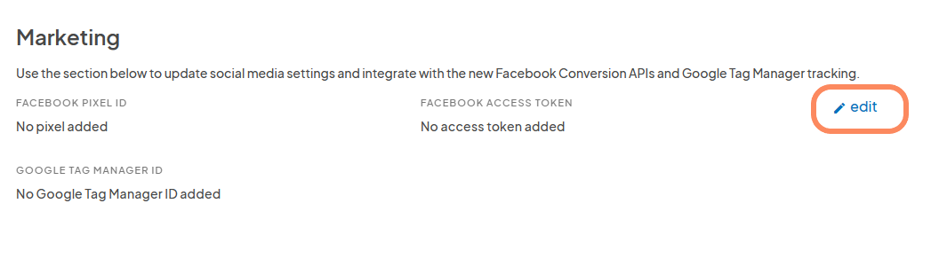 an image showing how to include a facebook pixel code, facebook access token or Google analytics tracking ID in the marketing settings section