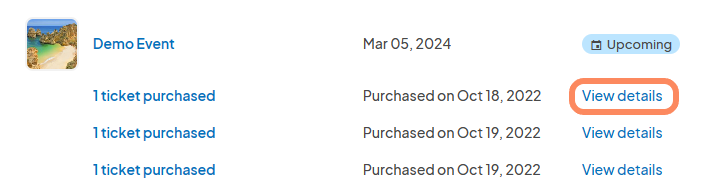an image showing users purchased tickets with the 'view details' button highlighted with an orange circle.