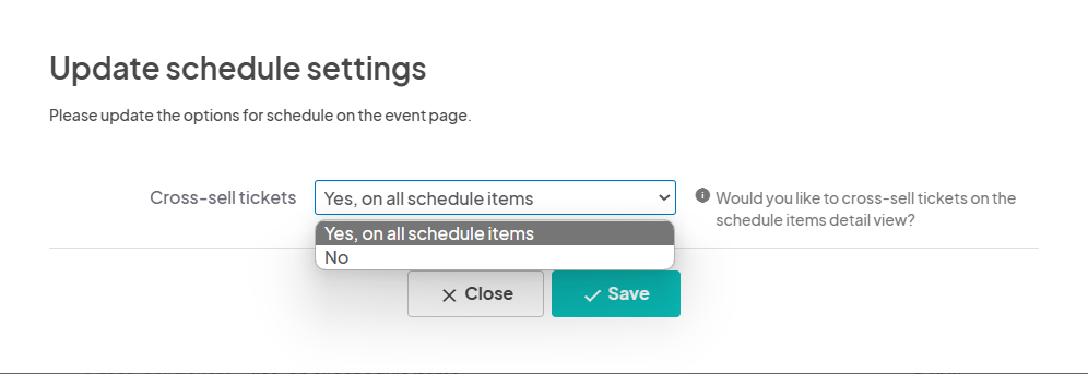 an image showing the ability to choose whether you would liek cross-sell tickets on the schedule feature