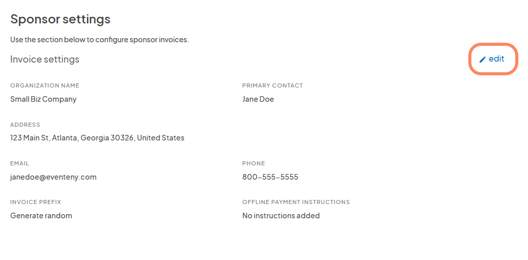  an image showing where you can edit or update your invoice information for billing sponsors.