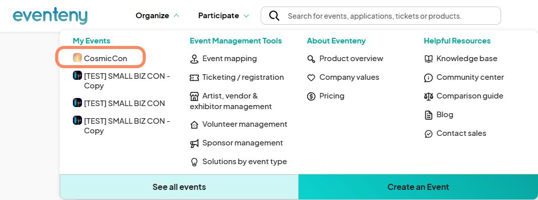 an image showing where to select the Organize tab and select the event you want to manage the settings for