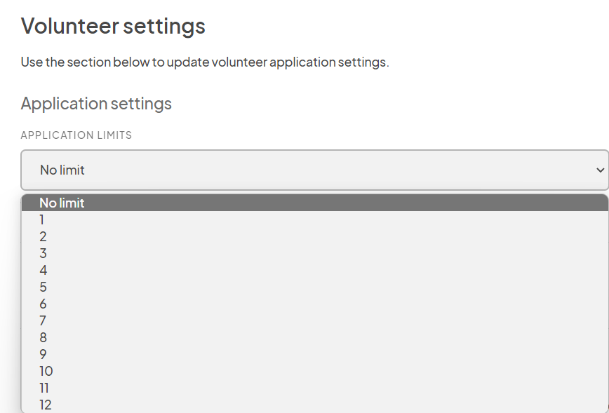 an image showing users how to update the application limits for volunteer applications.