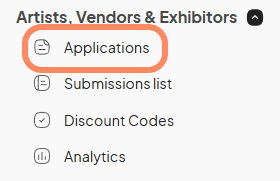 An image guiding users to select the 'Applications' section under the 'Vendor' tab on the left sidebar of the event dashboard. The 'Applications' tab is highlighted with an orange circle.