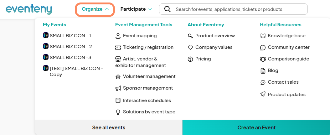 An image highlighting the location of the 'Organize' tab, with an orange circle indicating its position. Clicking this tab reveals a dropdown menu displaying events associated with your account.