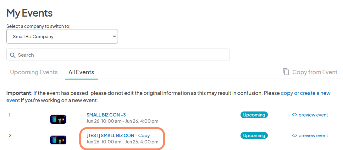 an image showing users the all events tab where they can find all of their live, drafted, and copied events and not just the live ones
