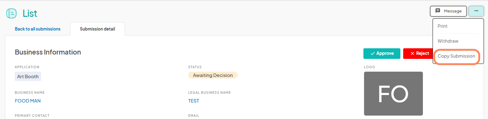 an image showing users a drop-down menu menu with an orange circle highlighting the 'Copy Submission' button.