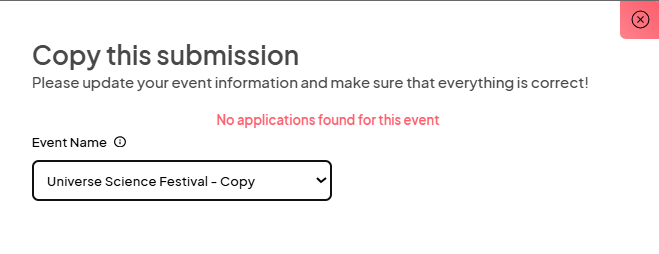 an image showing a red error message stating that the event selected does not have any applications.