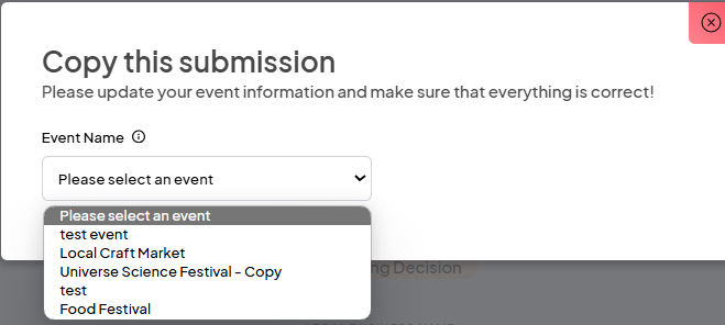 an image showing users a drop-down menu modal with events available to choose.