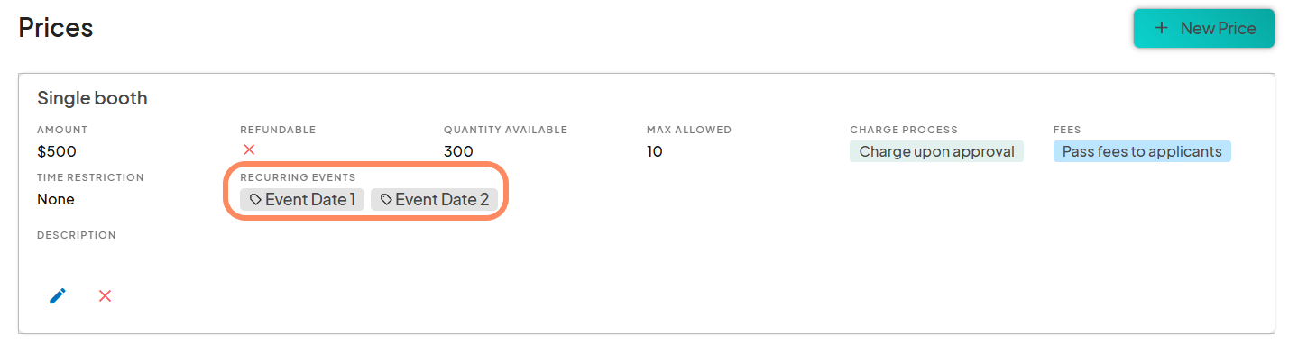 Pricing details for a single booth, including the charge process, fees, and recurring event tags for Event Date 1 and Event Date 2.
