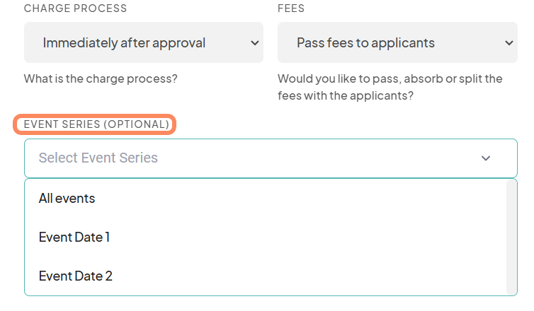 Pricing details for a single booth, including the charge process, fees, and recurring event tags for Event Date 1 and Event Date 2.