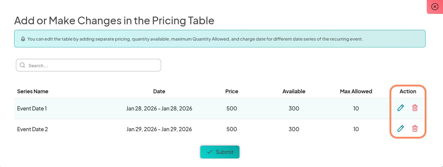 A table for editing the pricing of event dates with columns for date, price, quantity, and maximum allowed, along with edit and delete options.