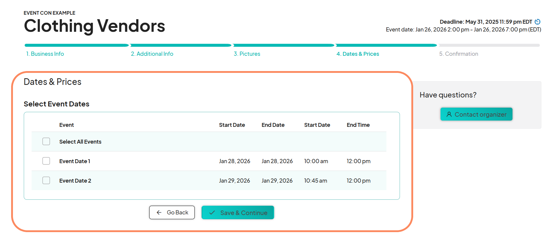A section for selecting event dates and prices, displaying options for different event dates and their respective start and end times.