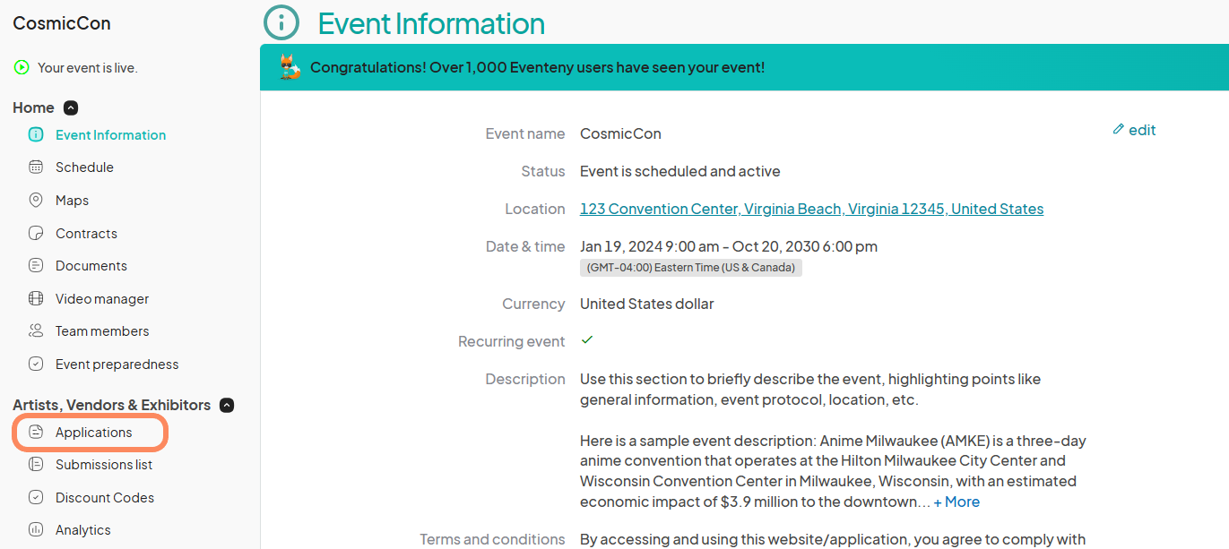 the 'Event Information' page for 'CosmicCon', including event details like the name, location (123 Convention Center, Virginia Beach, Virginia 12345, United States), and the date and time (Jan 19, 2024, 9:00 am - Oct 20, 2030, 6:00 pm). The menu on the left lists options like 'Schedule', 'Maps', and 'Applications', with 'Applications' highlighted.