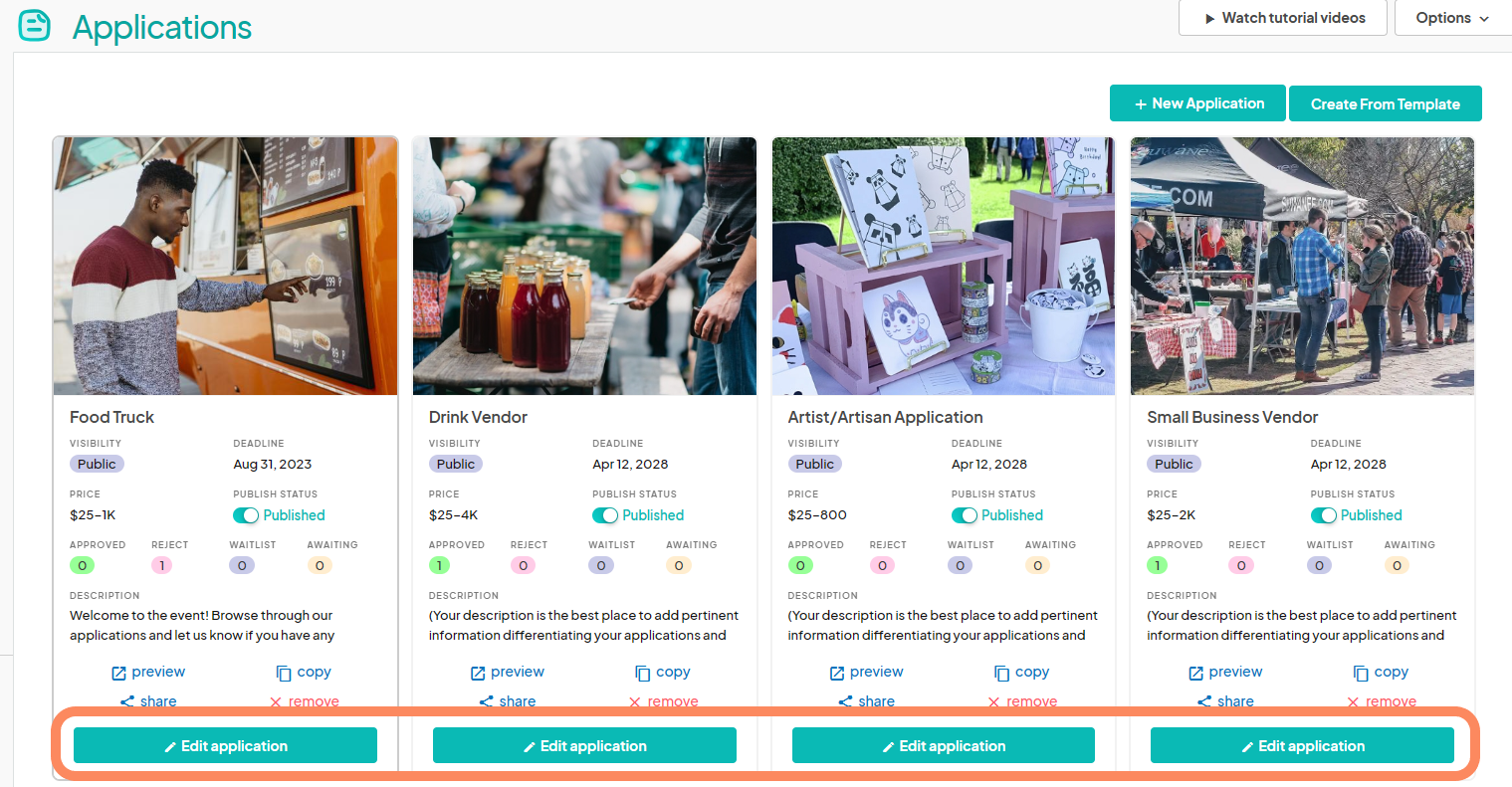 The 'Applications' section with multiple vendor application cards. There are four visible cards: 'Food Truck', 'Drink Vendor', 'Artist/Artisan Application', and 'Small Business Vendor'. Each card has options like 'Edit application' highlighted at the bottom, along with information about visibility, deadlines, prices, and application status.