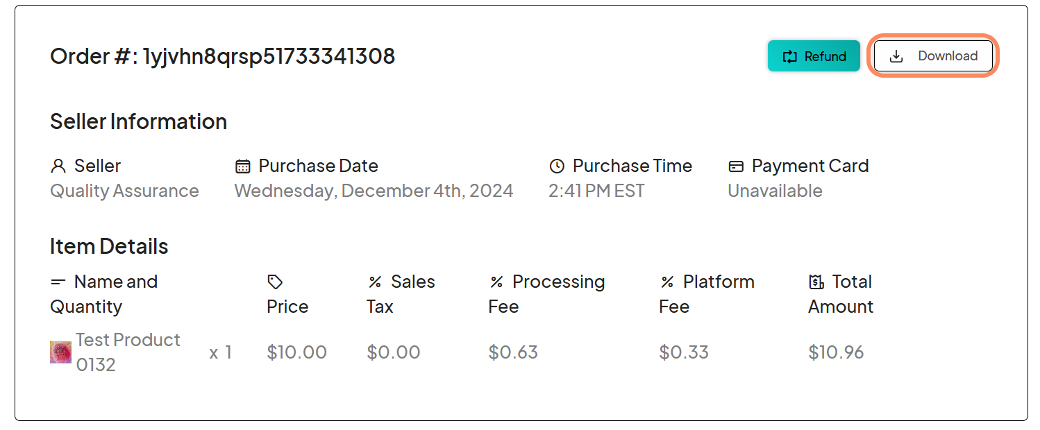 Screenshot of order details showing the 'Download' button highlighted next to the 'Refund' button at the top-right corner.
