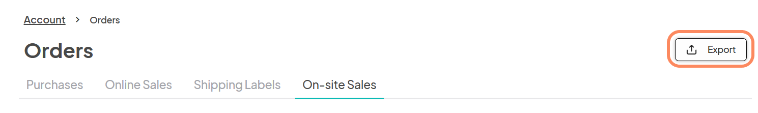 Screenshot of the 'Orders'page in the account section, showing the 'Export' button highlighted in the top-right corner.