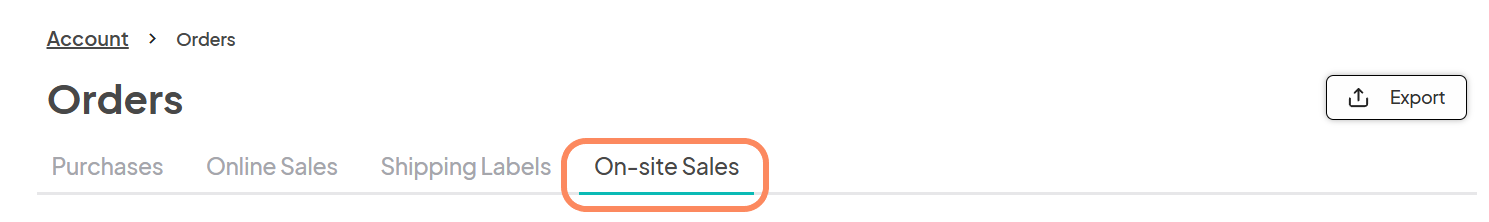 Screenshot of the 'Orders' page in the account section, with the 'On-site Sales' tab selected and highlighted. The 'Export' button is visible in the top-right corner.