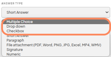 A dropdown menu with 'Multiple Choice', 'Drop down', and 'Checkbox' options highlighted.