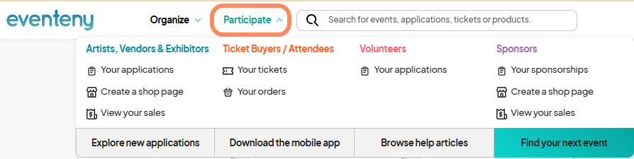 The 'Participate' dropdown menu is expanded, showing options for Artists, Vendors & Exhibitors, Ticket Buyers/Attendees, Volunteers, and Sponsors.