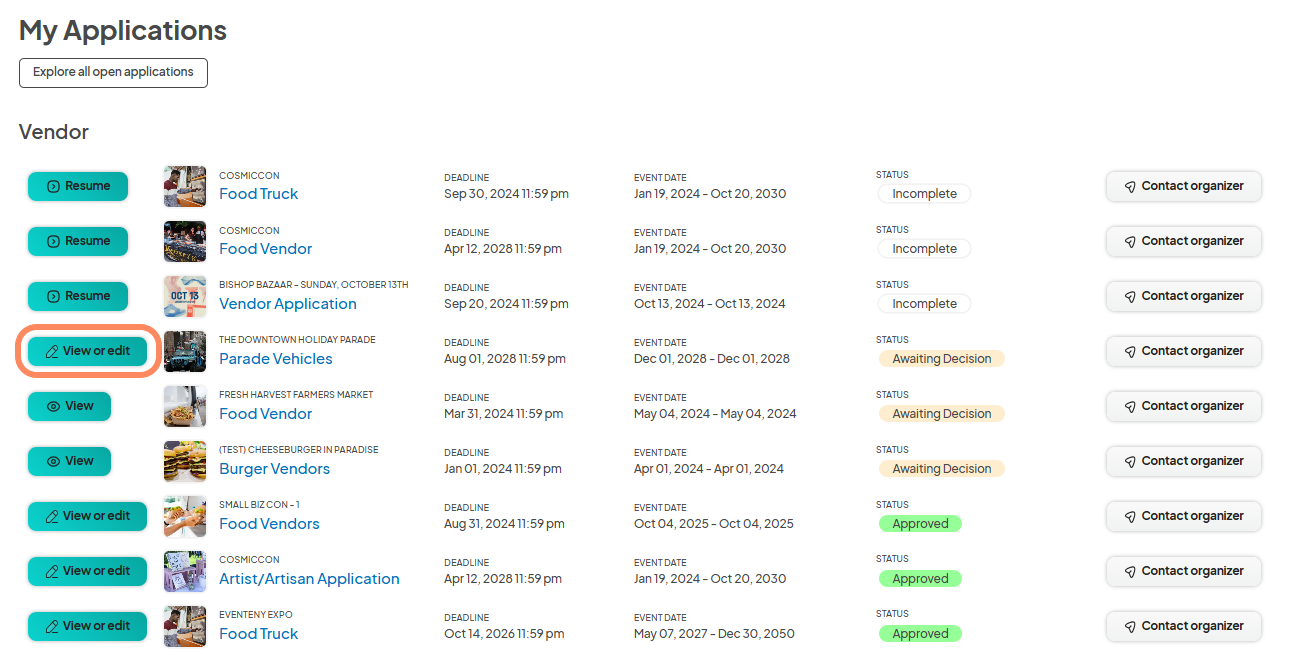 The 'My Applications' page listing various vendor applications for different events, showing their status, deadlines, event dates, and an option to contact the organizer. The 