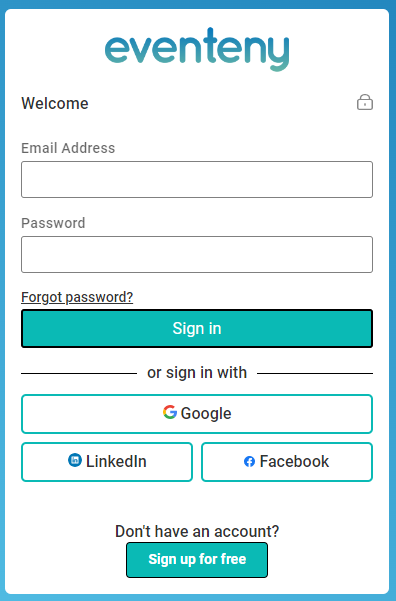 an image showing users to Eventeny sign-in page with the option to sign in via Google, Linkedin, or Facebook. There is a 'Forgot Password' button and an option to sign up if the user does not have an account.