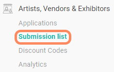 Image showing where to click to access the Artists, Vendors, and Exhibitors submission list.