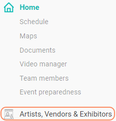 Image showing where to click to access the Artists, Vendors, and Exhibitors section