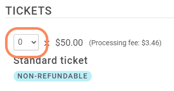Image showing ticket quantity dropdown before adjusting the amount.